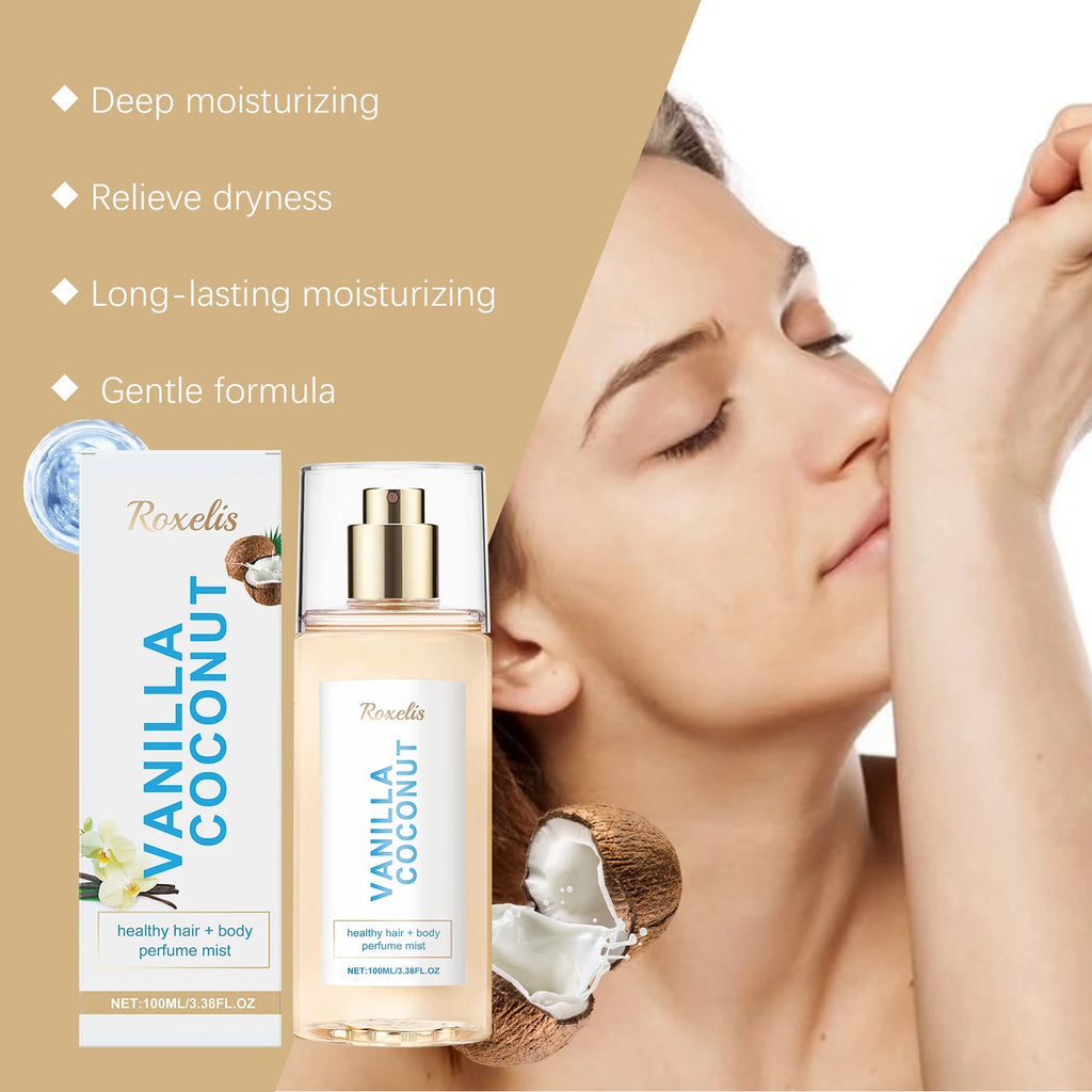 Vanilla Coconut Body Hair Mist - Long Lasting Fresh Romantic Fragrance, Travel Size Portable Spray Women Men Daily & Dating Use