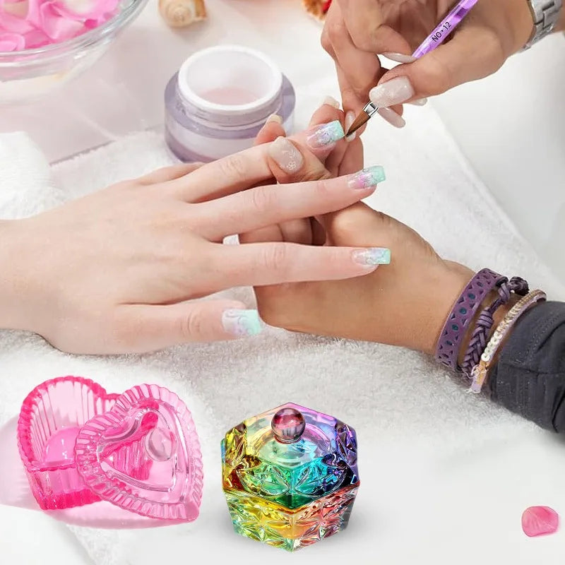Colorful Crystal Glass Acrylic Powder Liquid Nail Cup Dish Lid Bowl with Cap Manicure Holder Equipment Nail Salon Manicure Tools