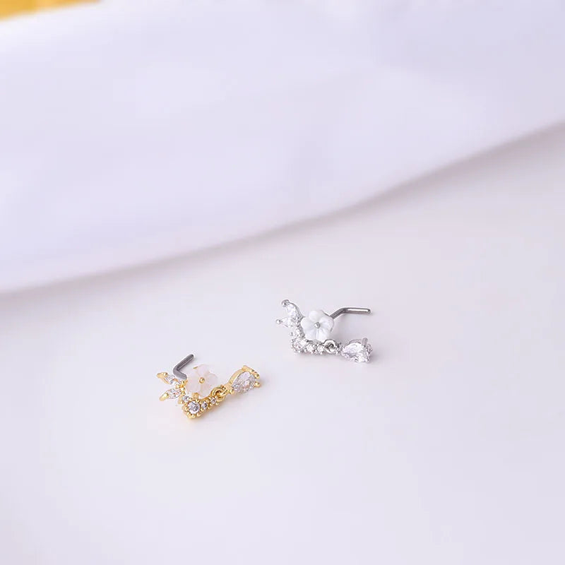 1Piece Fashion L Shaped Dangle Nose Studs Piercing 20G Stainless Steel Flower Moon Tassels Zircon Nostril Screw Piercing Jewelry