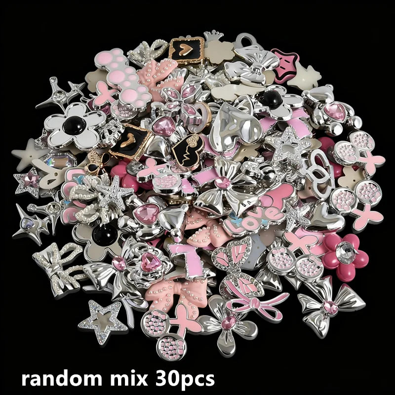 10/20/30/50pcs Random Mix Silver Color Heart Bow Star Charms For Junk Cases Flower Pink Girl Pendant DIY Hairpin Phone Case Bulk