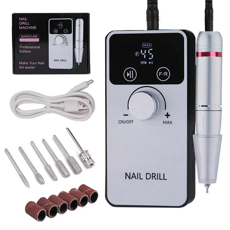 New 45000RPM Professional Electric Nail Drill Machine Rechargeable Nail File Nails Accessories Gel Nail Polish Sander Low Noise