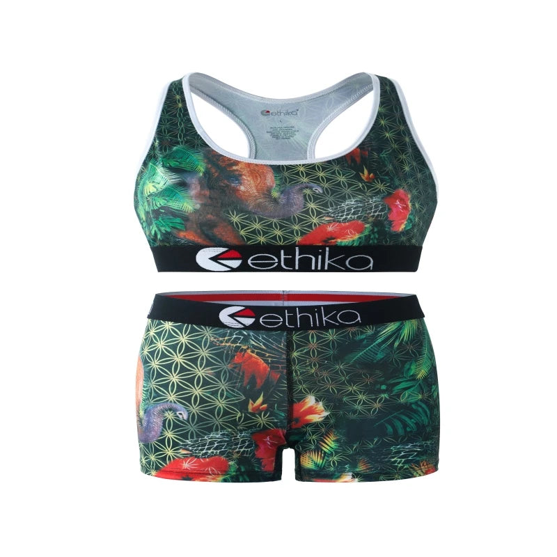 ETHIKA Sets for Woman Bra and Shorts Fashion Print Women's Swimming Fitness Boxers Short Set Plus Size Two Piece Underwear Suit