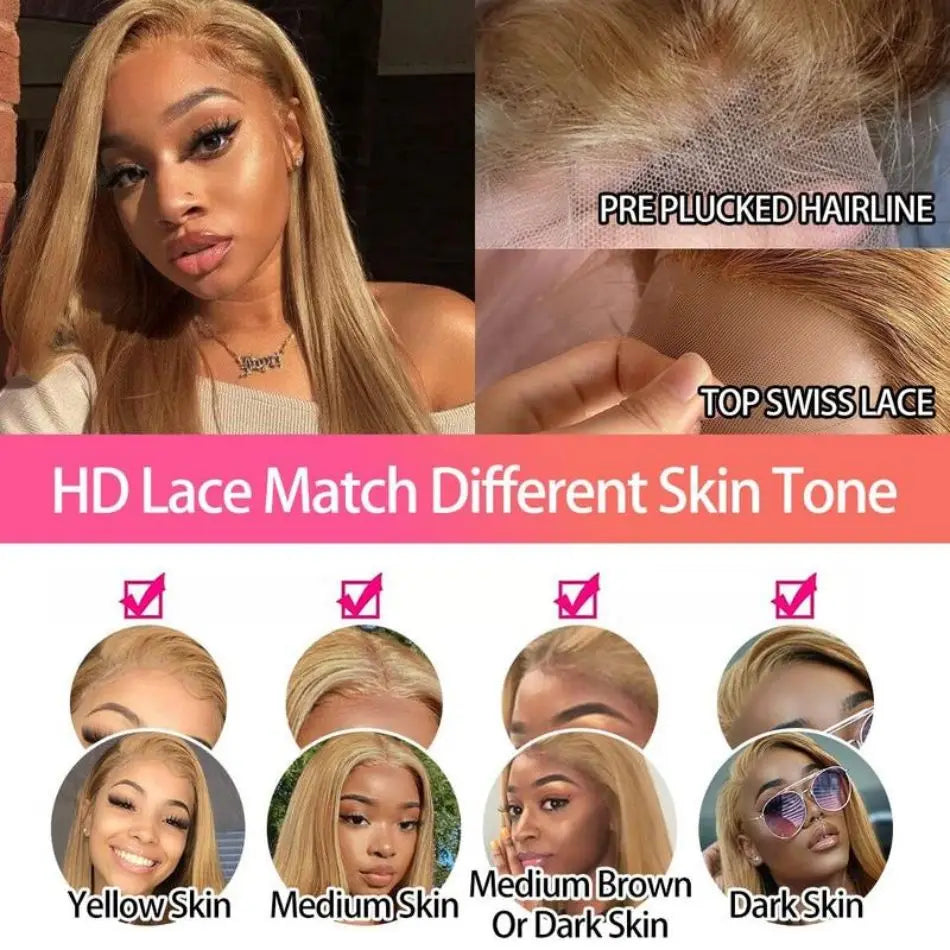27 Honey Blonde Straight Human Hair Wigs Colored 13X6 Hd Lace Frontal Wig Brazilian Wigs Original 30 Inch Preplucked Prebleached