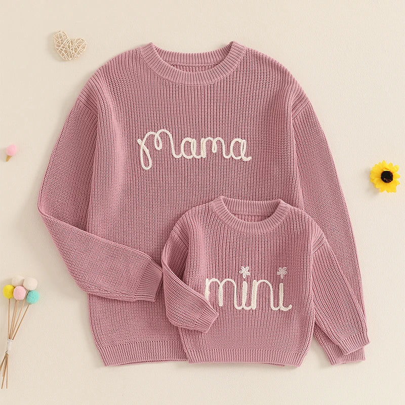 Family Matching Sweaters Mommy and Me Letter Embroidery Round Neck Knitwear Comfortable Warm Tops