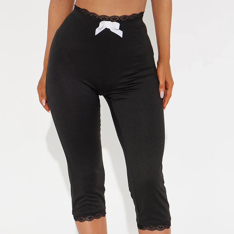 CUTENOVA Sexy Hottie Lace Edge Bow Decoration Leopard Print Slim Seven Pants Summer New Women'S Fashion Street Casual Seven Pant