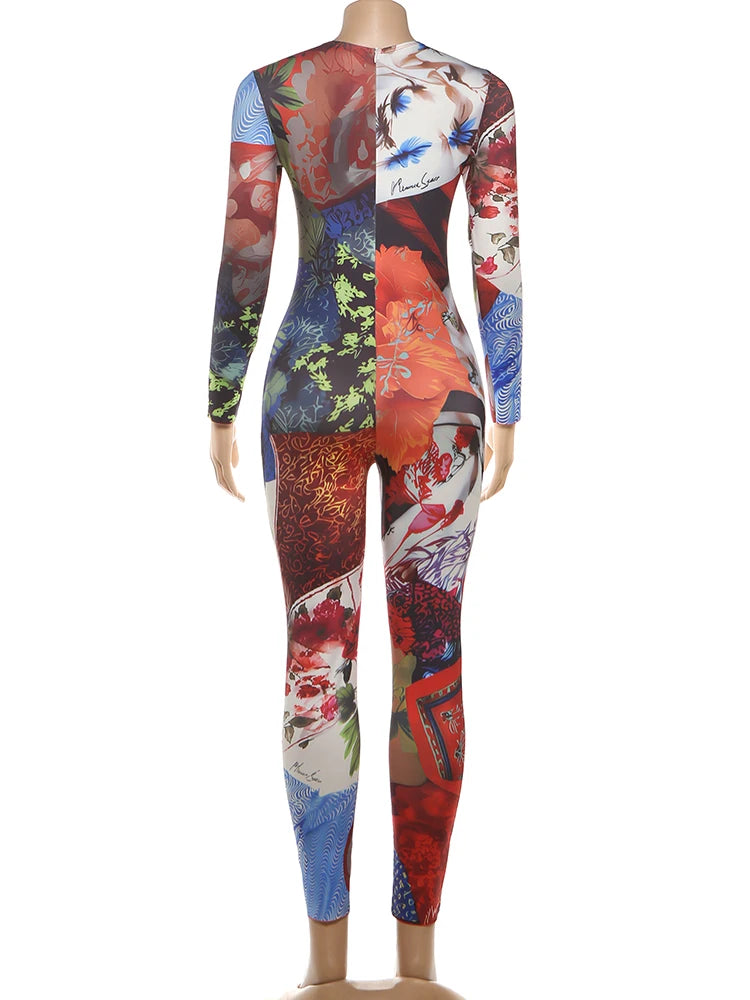 Weird Puss Colorful Print Jumpsuits Woman Fitness Casual Trend O-Neck Skinny Activity Streetwear Fall Stretch Hipster Overalls