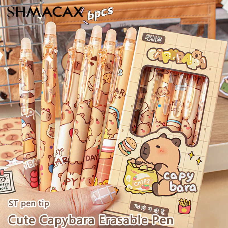 6Pcs Cute Capybara Erasable Pen Blue Ink Writing Smooth Quick-Drying Pens School Office Accessories Students Stationery Gift
