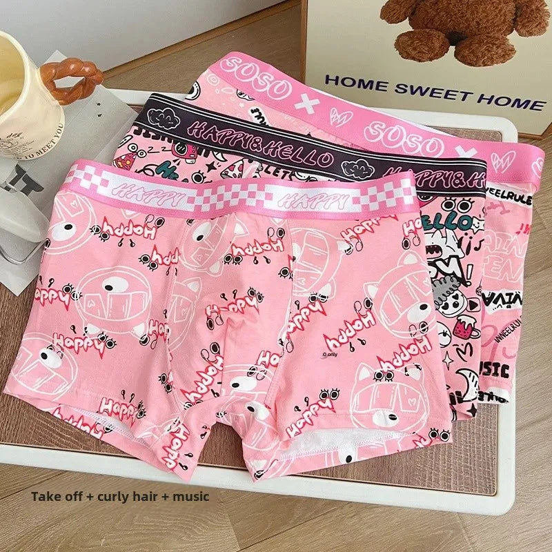 Trendy Pink Cotton Boxer Shorts for Men Cute Cartoon Design Bagged Four Corner Briefs Comfortable Breathable Men's Underwear
