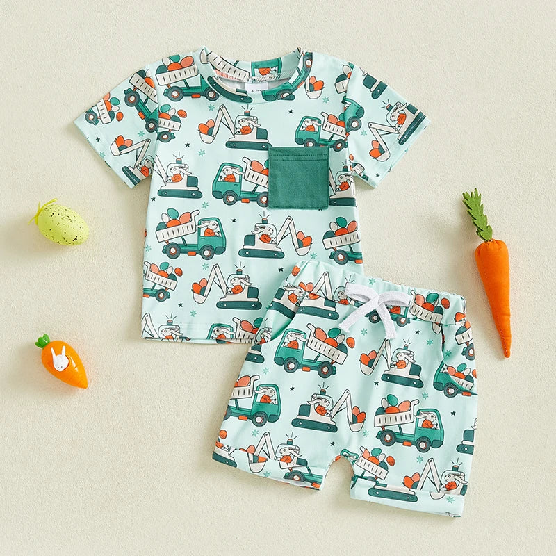 2024-12-23 Lioraitiin Summer Toddler Baby Boys Easter Outfits Bunny Pattern Crew Neck Short Sleeve T-Shirt with Shorts Set
