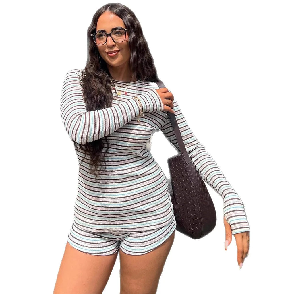 Women's Fall Stripe Knit Dress Set, Fitted Round Neck Homewear Two-Piece, Stretchy Loungewear Outfit