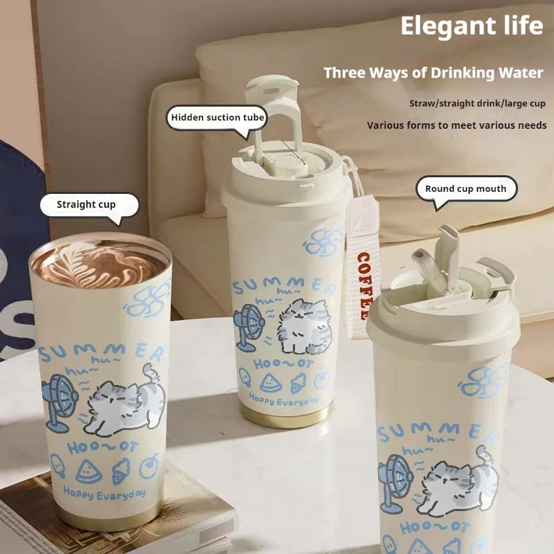 520ml Cute Cartoon Cat Insulated Cup High Appearance Stainless Steel Straw Cup Cold And Hot Insulation Double Drinking Cup