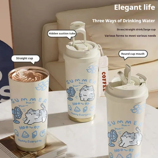 520ml Cute Cartoon Cat Insulated Cup High Appearance Stainless Steel Straw Cup Cold And Hot Insulation Double Drinking Cup
