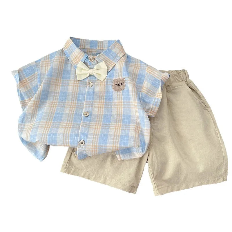 Boy's Summer Ssuit New Children's Short-sleeved Fresh Plaid Fashion Baby Green Gentleman Suit Handsome Korean Version Clothes