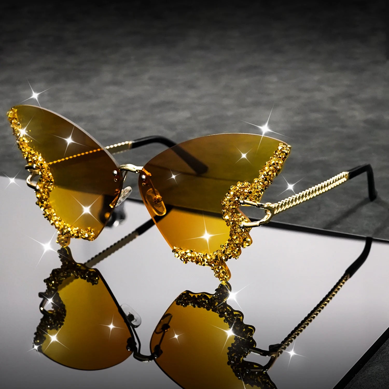 Butterfly Rimless Fashion Sunglasses for Women Men Bling Rhinestone Gradient Decorative Glasses for Costume Party