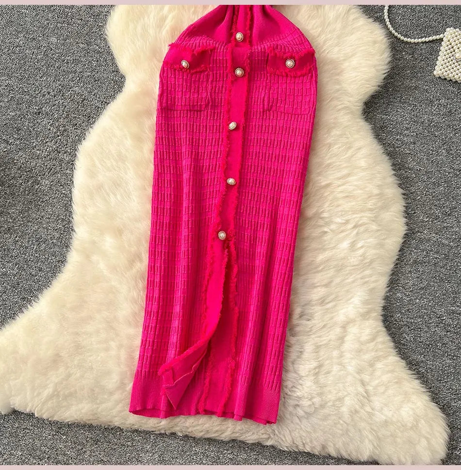 2025 New Arrival Women Knitted Long Dress Elegant V-neck Single-breasted Split Sweater Dress Office Lady Vestidos