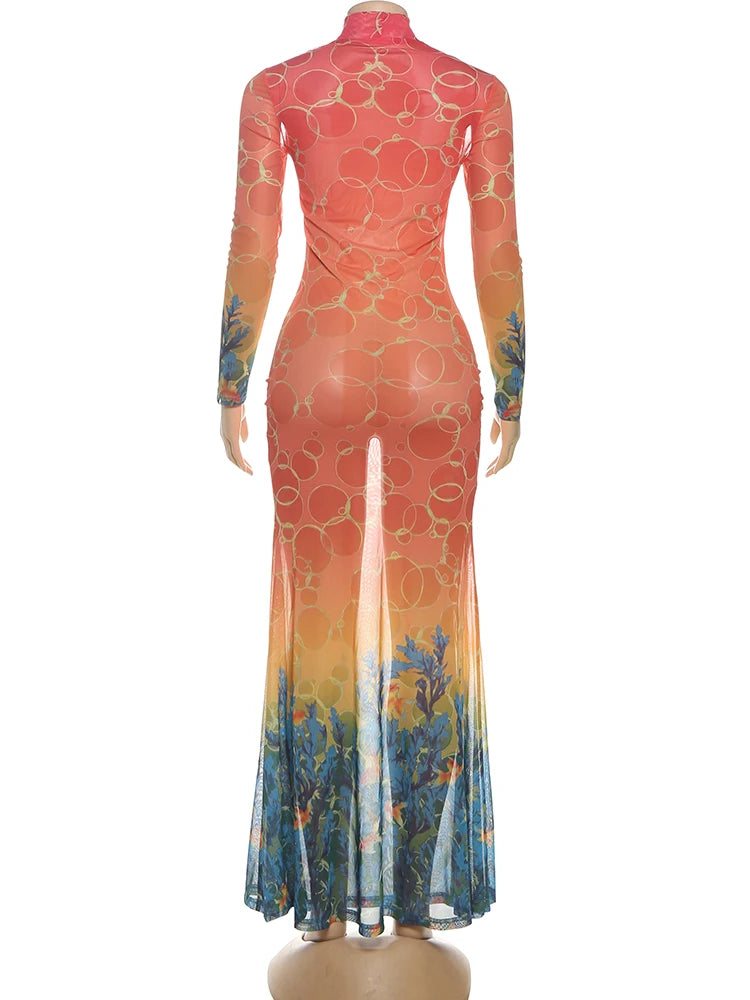 Weird Puss See Through Sexy Dress Women Hollow Hipster Colorful Print Skinny Stretch Midnight Party Clubwear Fishtail Bodycon