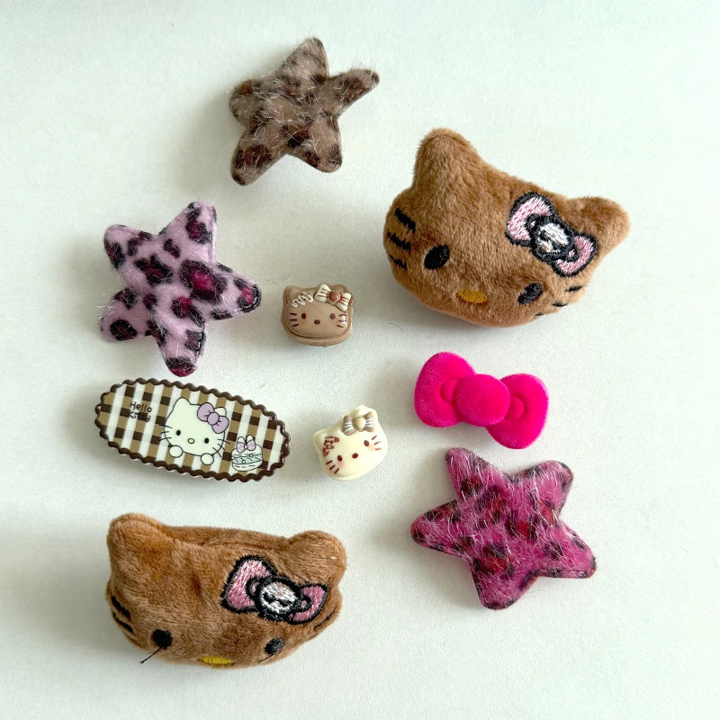 Y2k Leopard Print Star Bow Hello Kitty Hole Shoes Accessories Decoration Kawaii Japanese Cute Hello Kitty Shoe Flower Set  Gift