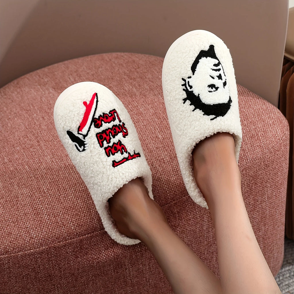 Halloween-themed plush slippers, featuring open-toe design for comfort and warmth, as well as  for indoor floor slippers