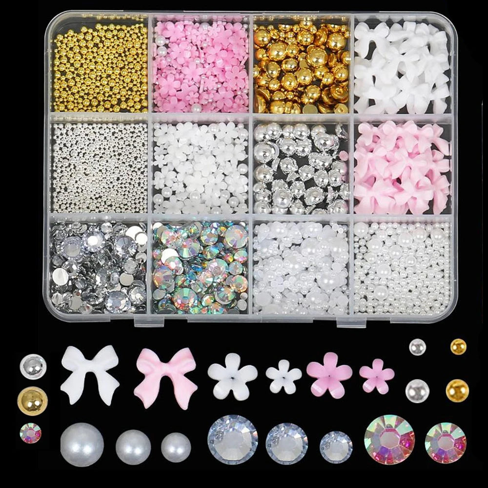 12/15Grids Acrylic Flower Nail Charms Mix Colors Set 3D Flower Nail Art Rhinestones Mixed Blossom Spring Gems DIY Nail Supplies