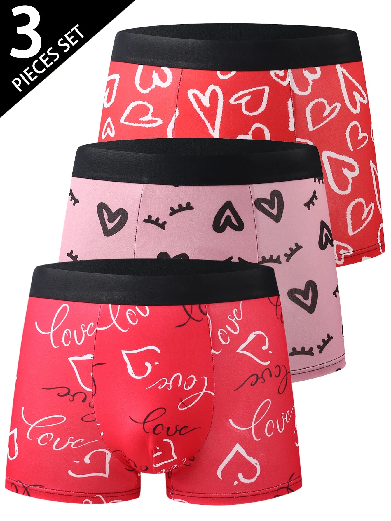3-pack men's boxer briefs, Valentine's Day love trendy graffiti print men's boxer briefs