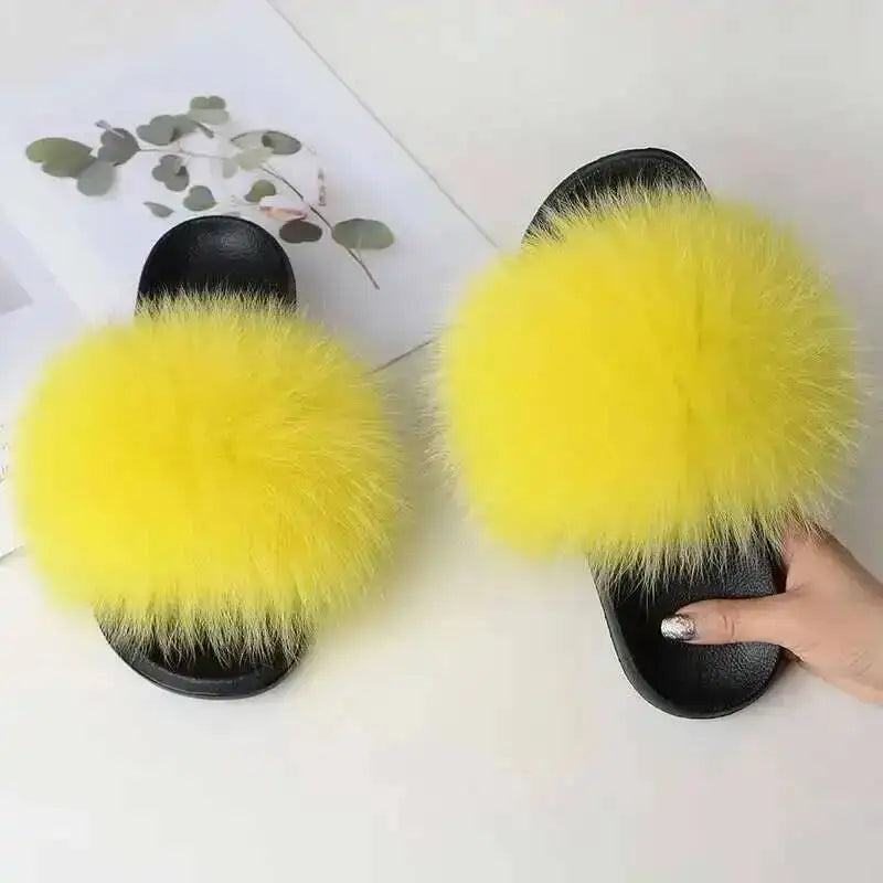 Ladies Real Fox Fur Slippers Summer Female Slides New Fuzzy Indoor Home Flats Women Cute Sandals Outdoor Beach Shoes Flip Flops