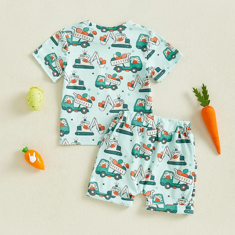2024-12-23 Lioraitiin Summer Toddler Baby Boys Easter Outfits Bunny Pattern Crew Neck Short Sleeve T-Shirt with Shorts Set
