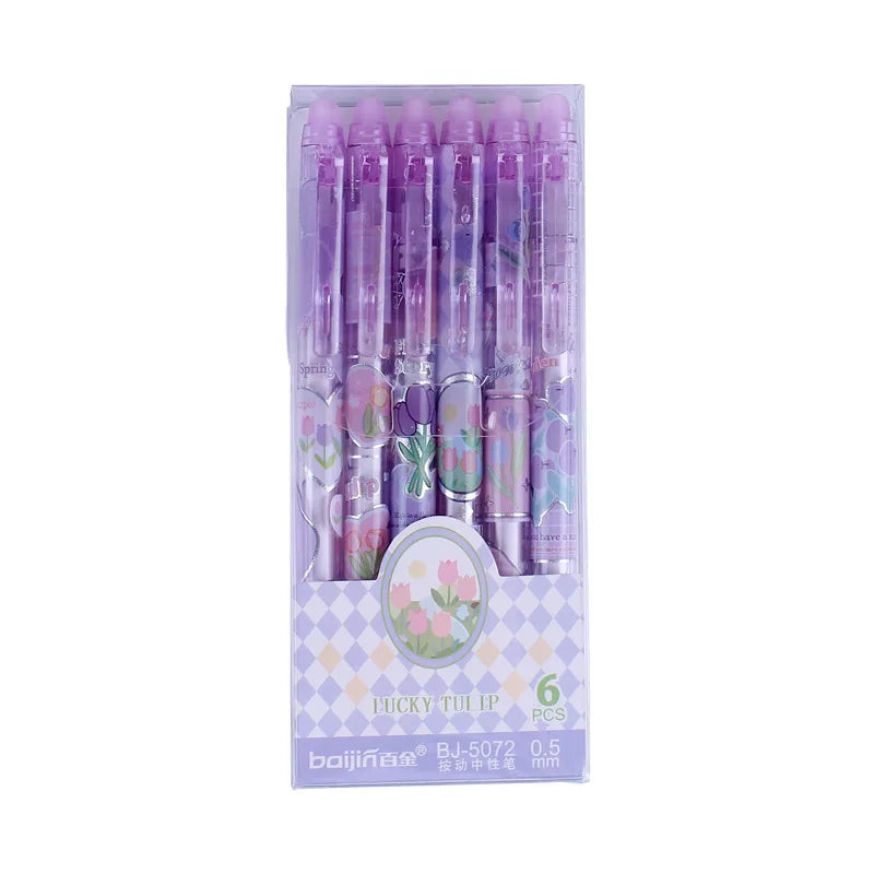 6pcs Tulip Erasable Black/Blue Gel Pens Kawaii Gel Pens With Erasers Korean Stationery Students Girl Gift School Office Supplies