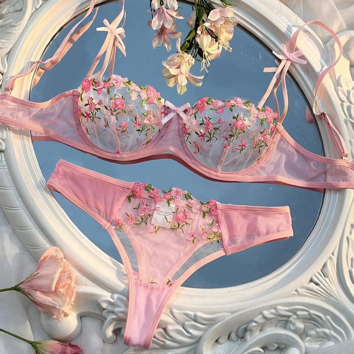 Pink Floral Embroidery Lingerie Set