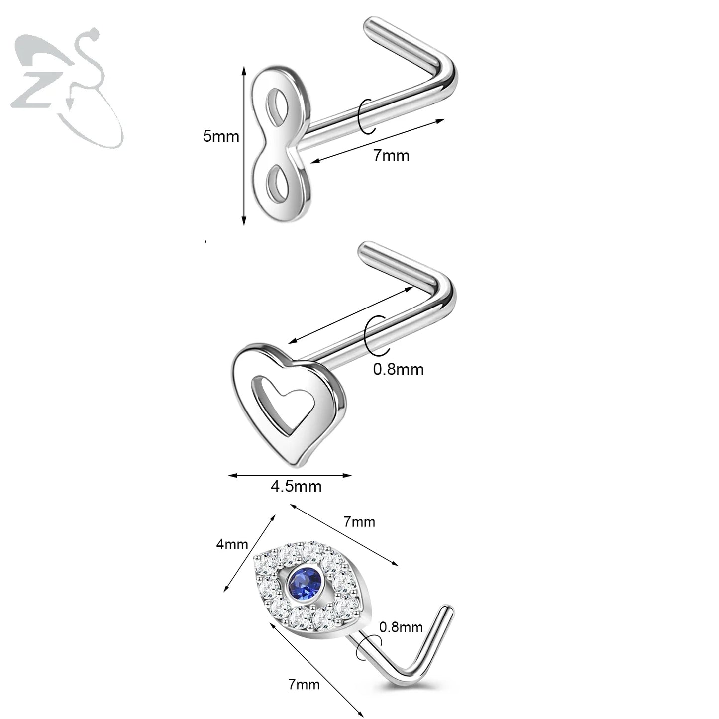 ZS 3pcs/lot 20G Stainless Steel Nose Stud Set Moon Heart Butterfly Crystal Nose Piercing Screw L Shape Nostril Piercing Jewelry