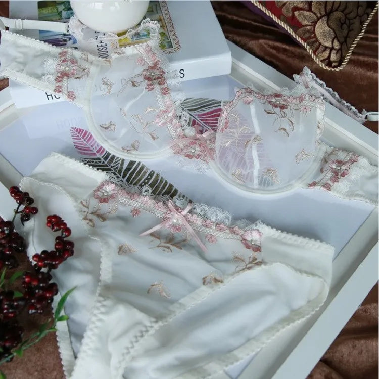 Luxury European and American Underwear Women Thin Big Size Sexy Bra Big Chest Small Lace Transparent Bra Set Perspective Winter
