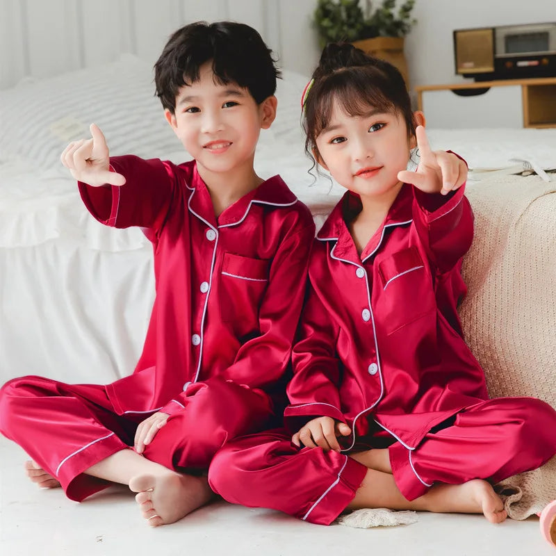 Children's Clothing Teen Girl Pink Satin Pajamas Long Sleeve Kids Homewear Clothes Boys Solid Nightshirt Silk Pijamas Baby Pjs