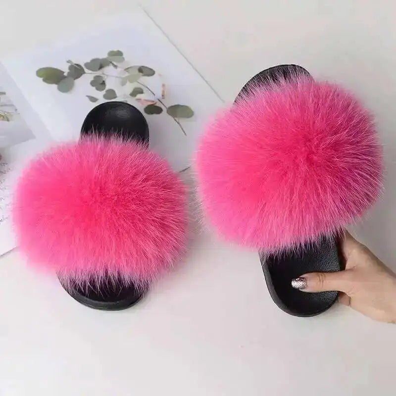Ladies Real Fox Fur Slippers Summer Female Slides New Fuzzy Indoor Home Flats Women Cute Sandals Outdoor Beach Shoes Flip Flops