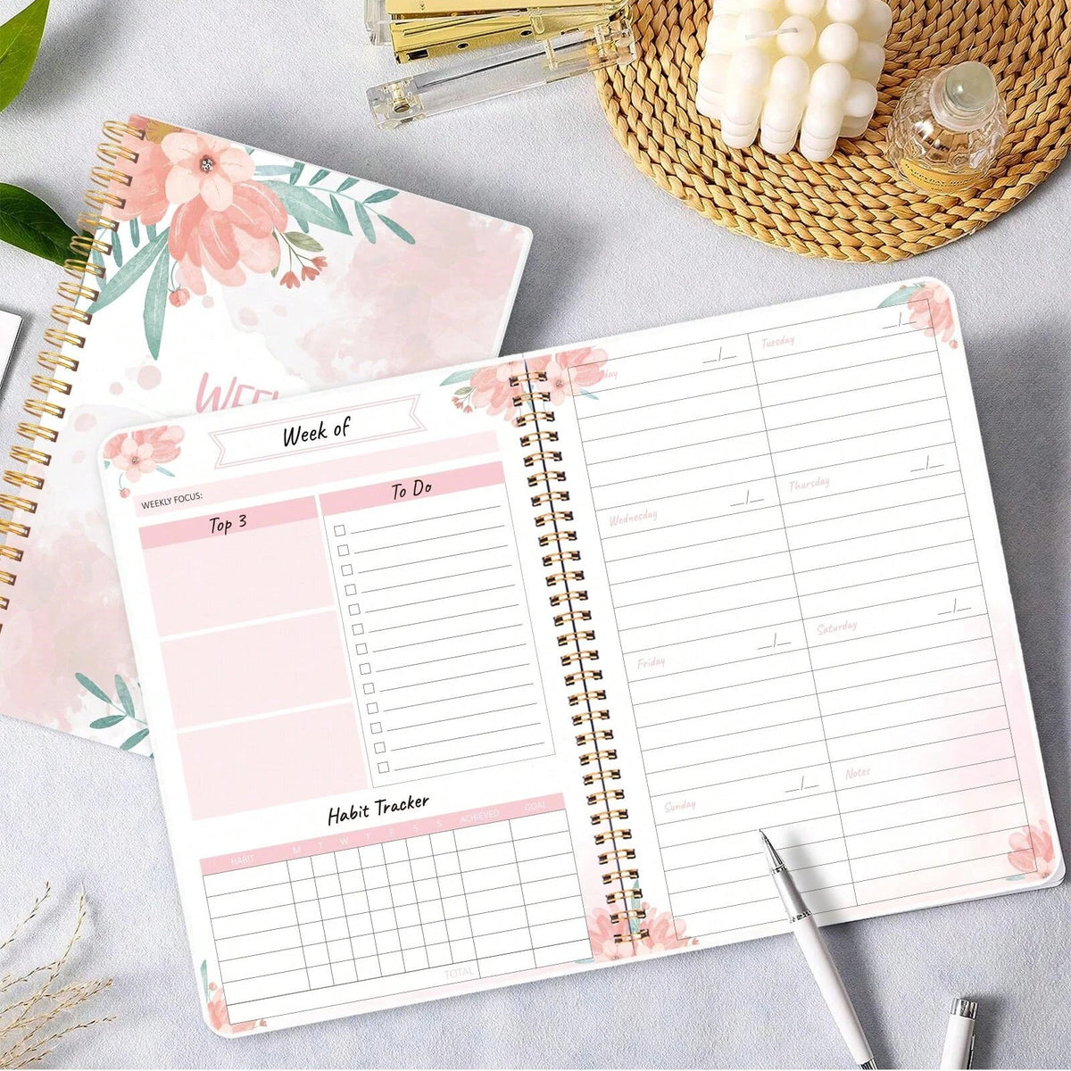 1pcFloral Weekly Planner Notebook, Spiral Weekly Journal with To Do List, Habit Tracker & Notes Pages