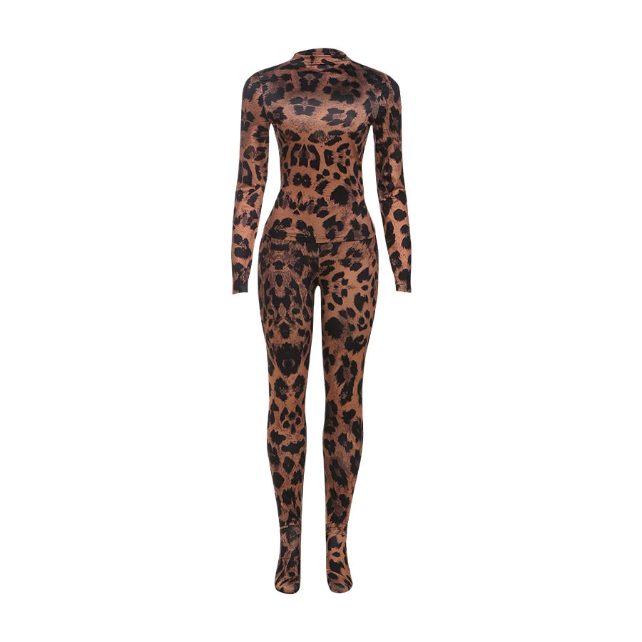 Kliou Leopard Print 2 Piece Set Woman Autumn Trend o-Neck Full Sleeve T-Shirts+Skinny Long Pants Street Fashion Wild Style Suits