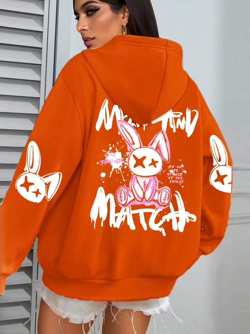 Mix And Match Cartoon Rabbit Prints Women Hoodie Pocket Streetwear Harajuku Loose Hoody All-Match Fleece Female Clothing