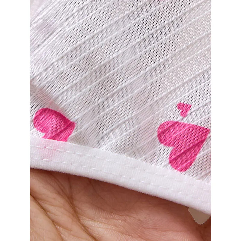 1 Set Of V-neck Women's Lingerie Sexy Suit Soft Bra Nightgown With Thong Intimates Underwear Heart Print Bras Briefs Night Dress