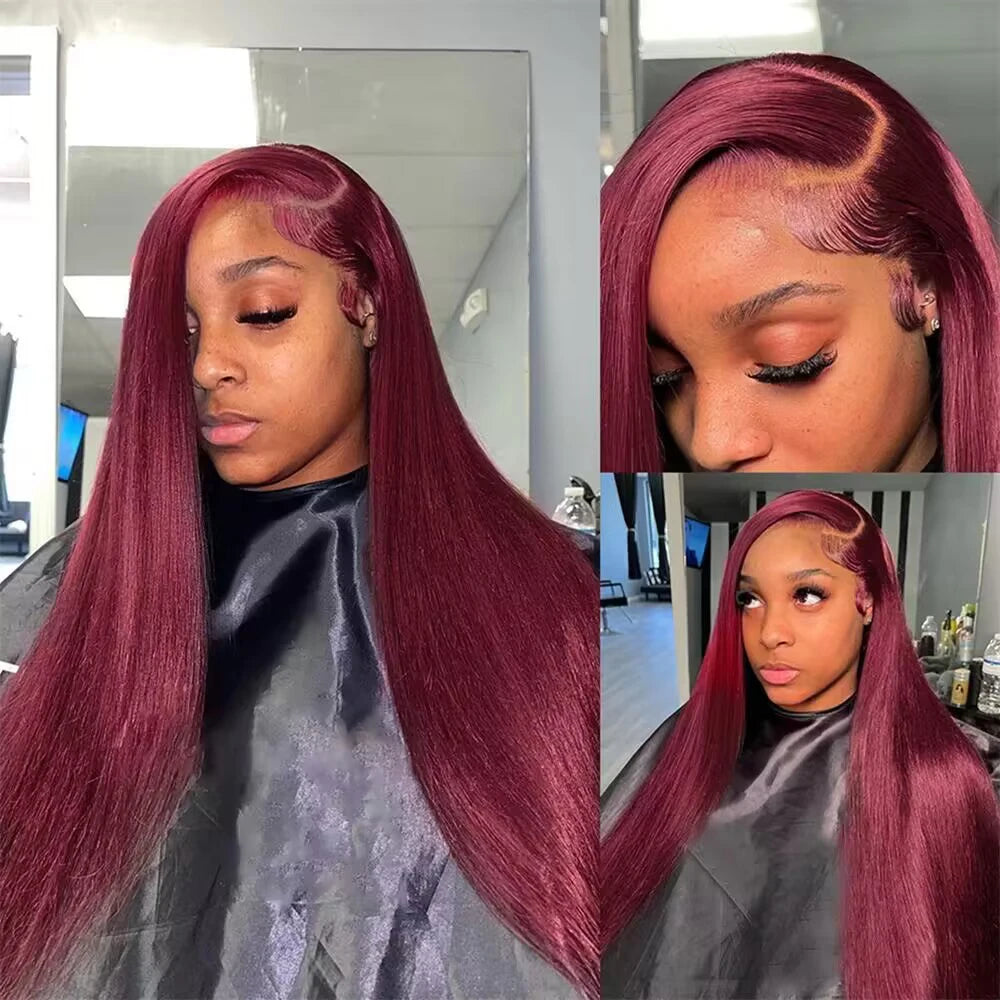 Burgundy HD Lace Front Wig — Straight 99J Human Hair, 200% Density