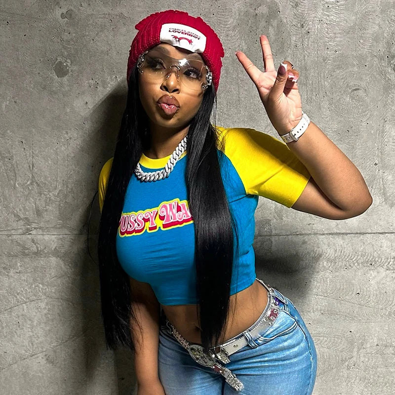 CUTENOVA Letter Printed Color Clashing Round Neck Pullover Spice Girls Short Halter Short Sleeve T-Shirt Tops For Y2K Girls Wear