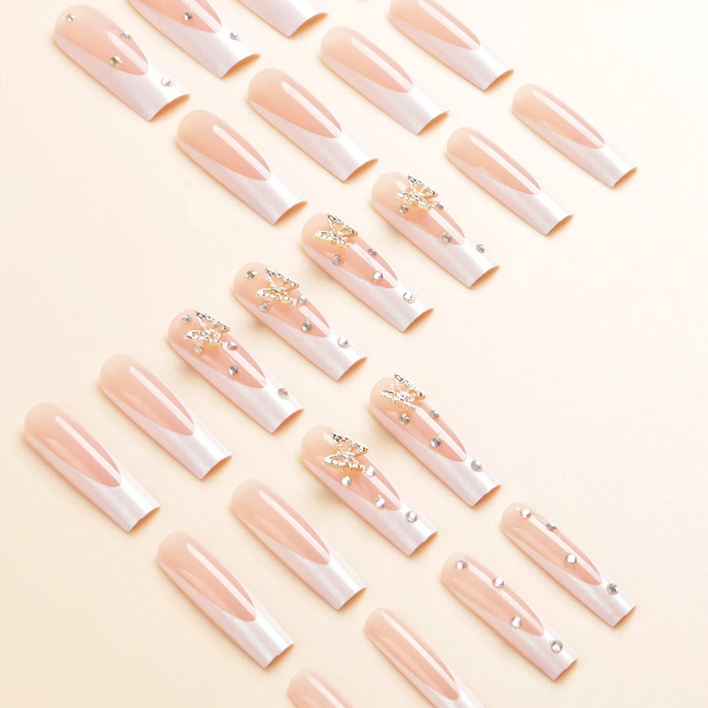 24 pieces of gentle nude long press-on nails (square shape), paired with 1 piece of jelly glue and 1 nail file