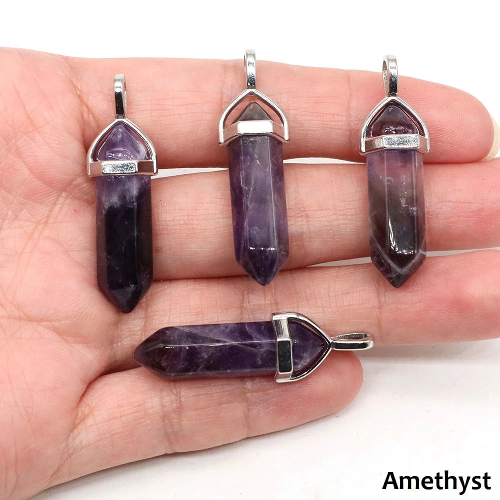 1PC Hexagonal Chakra Crystal Pendant Bullet Shape Natural Gemstone Pointed Quartz Stone Pendants for DIY Necklace Jewelry Making