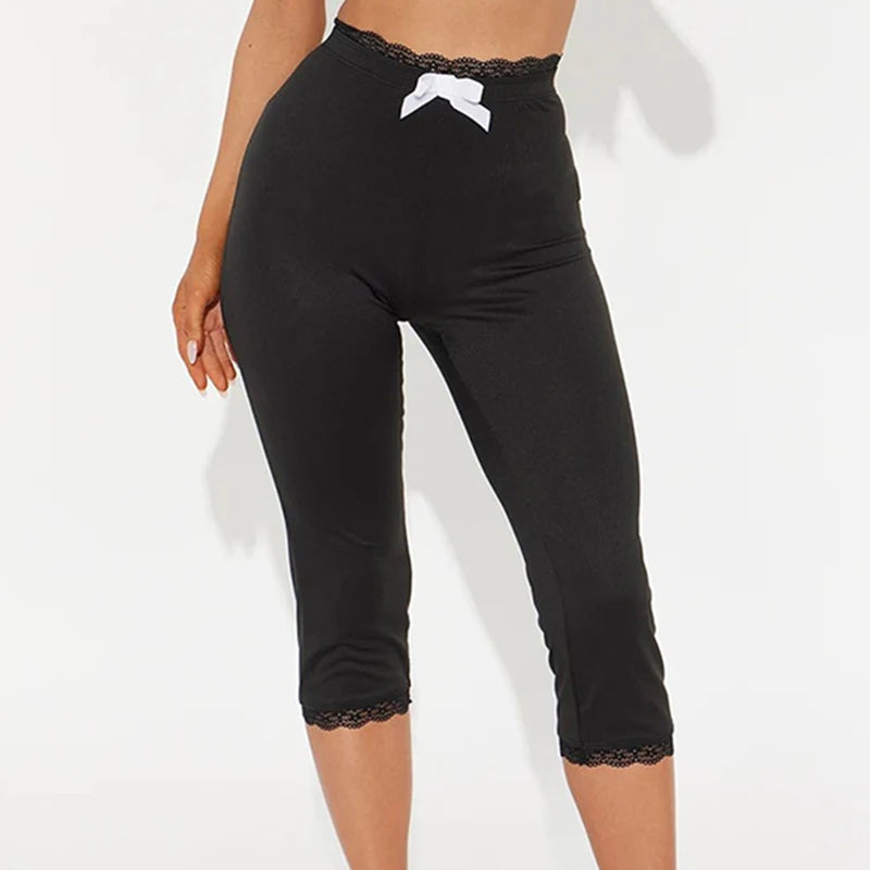 CUTENOVA Sexy Hottie Lace Edge Bow Decoration Leopard Print Slim Seven Pants Summer New Women'S Fashion Street Casual Seven Pant