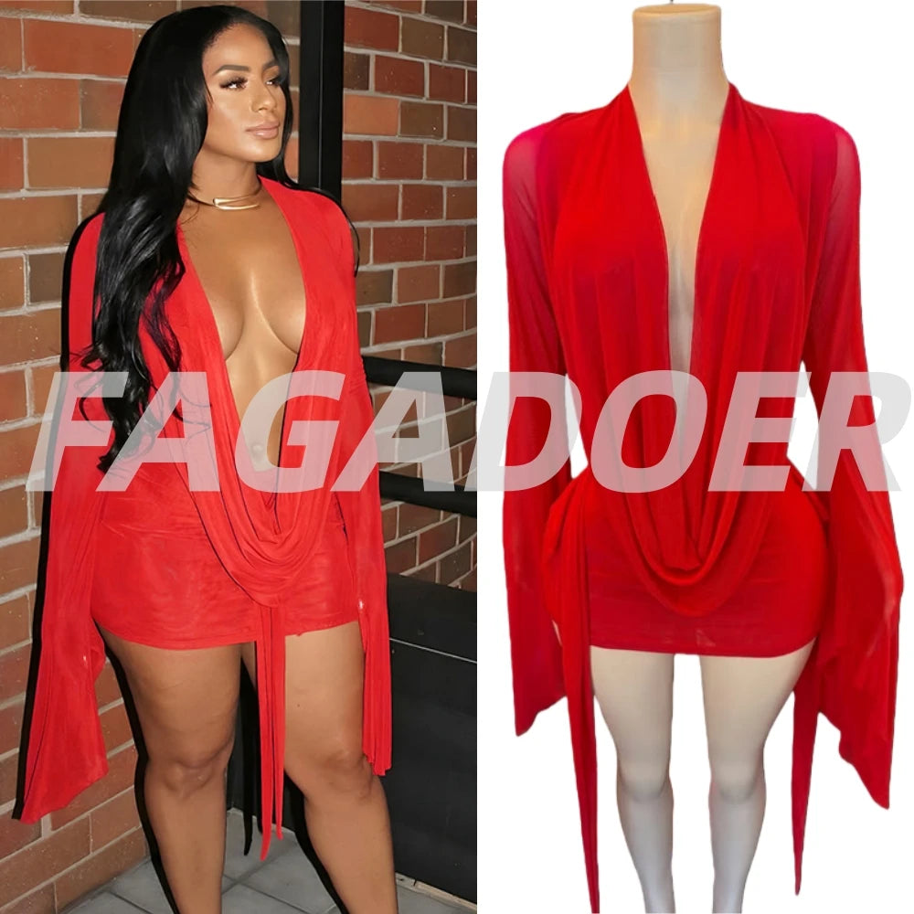 FAGADOER Sexy Mesh See Through Mini Bodycon Dress Women Long Sleeves Deep V-neck Irregular Dresses Female Streetwear Vestidos