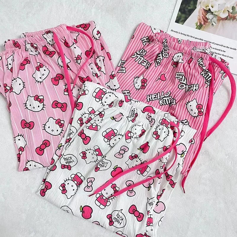 Hello Kitty Flannel Pajama Pants Anime Cartoon Sanrio Home Pants Couple Home Sleepwear Trousers Leisure Home Clothing