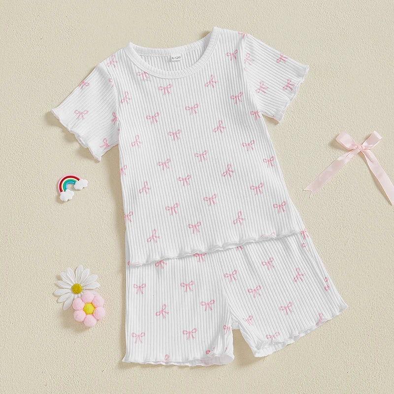 2024-12-09 Lioraitiin Toddler Baby Girl Bow Ribbed Outfit Lettuce Trim Short Sleeve Tops Elastic Waist Shorts Summer Set