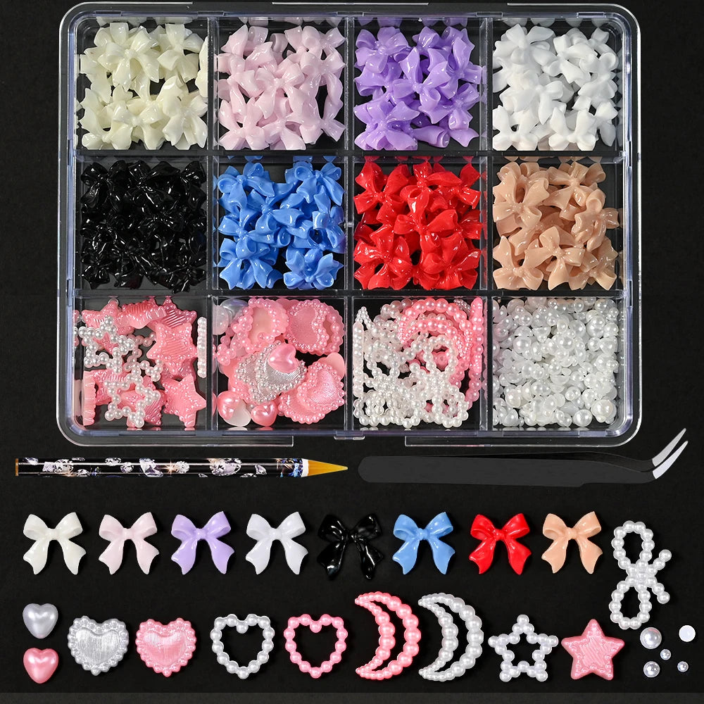 12/15Grids Acrylic Flower Nail Charms Mix Colors Set 3D Flower Nail Art Rhinestones Mixed Blossom Spring Gems DIY Nail Supplies