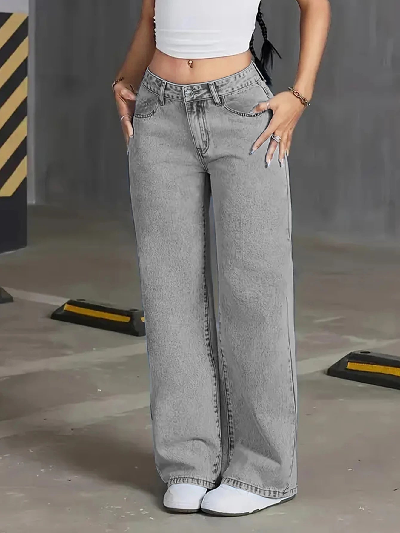 Autumn new high-waisted wide-leg women's jeans - light grey washed jeans, loose and fashionable, suitable for casual wear