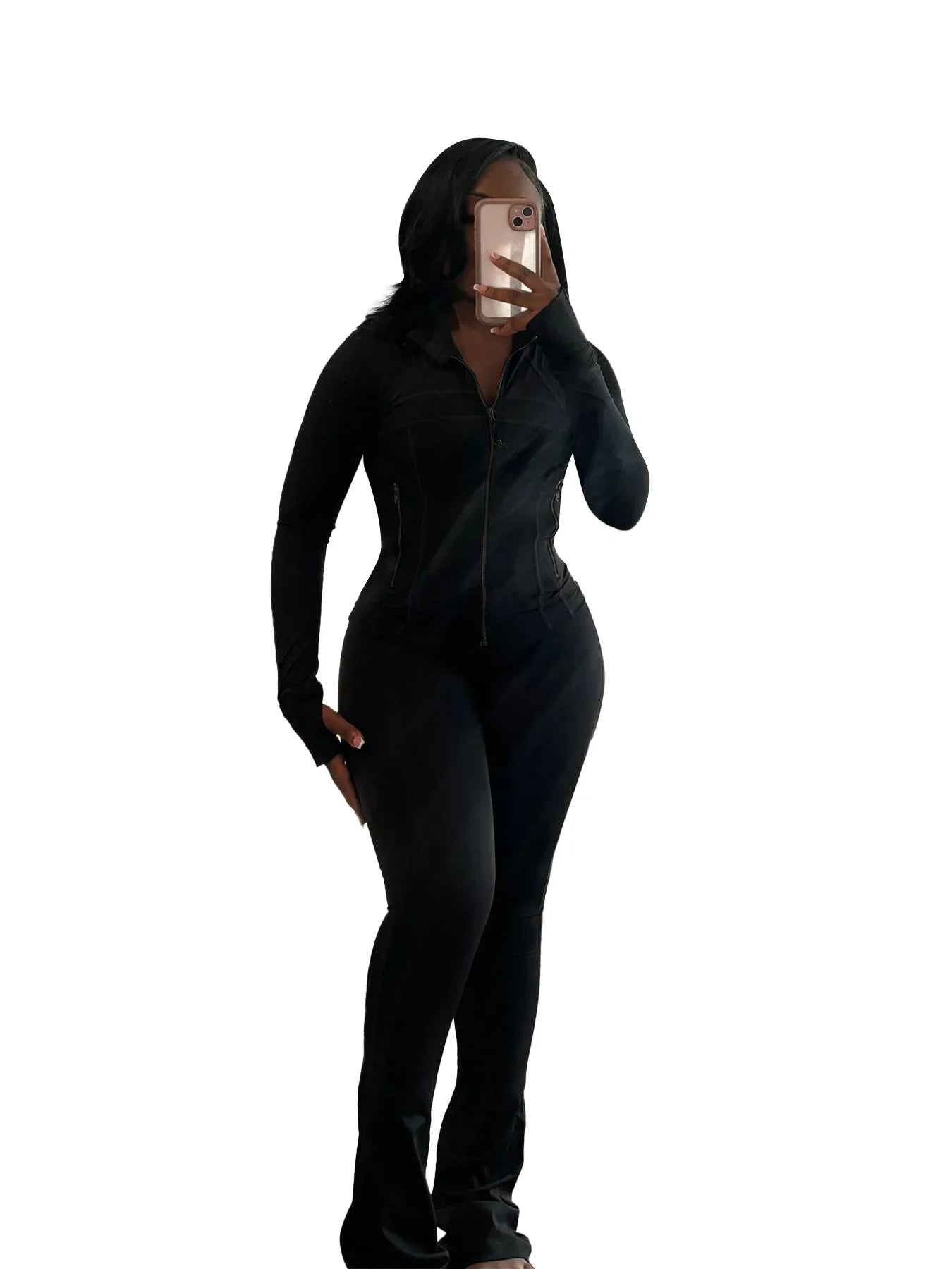Pant Sets Two Piece Set Women Sexy Slim Fit Zipper Top Stand Collar Solid Sporty Casual Splice Flare Pants Elastic Waist