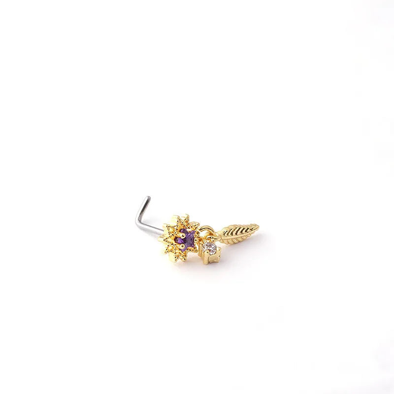 1Piece Fashion L Shaped Dangle Nose Studs Piercing 20G Stainless Steel Flower Moon Tassels Zircon Nostril Screw Piercing Jewelry