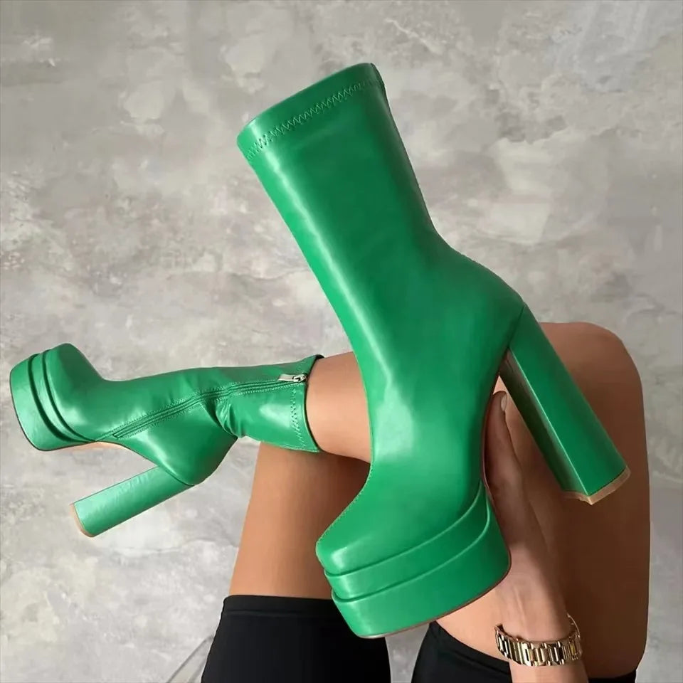 Luxury autumn/winter new double waterproof platform leather thick heel ankle boots women's large size high-heeled women's boots