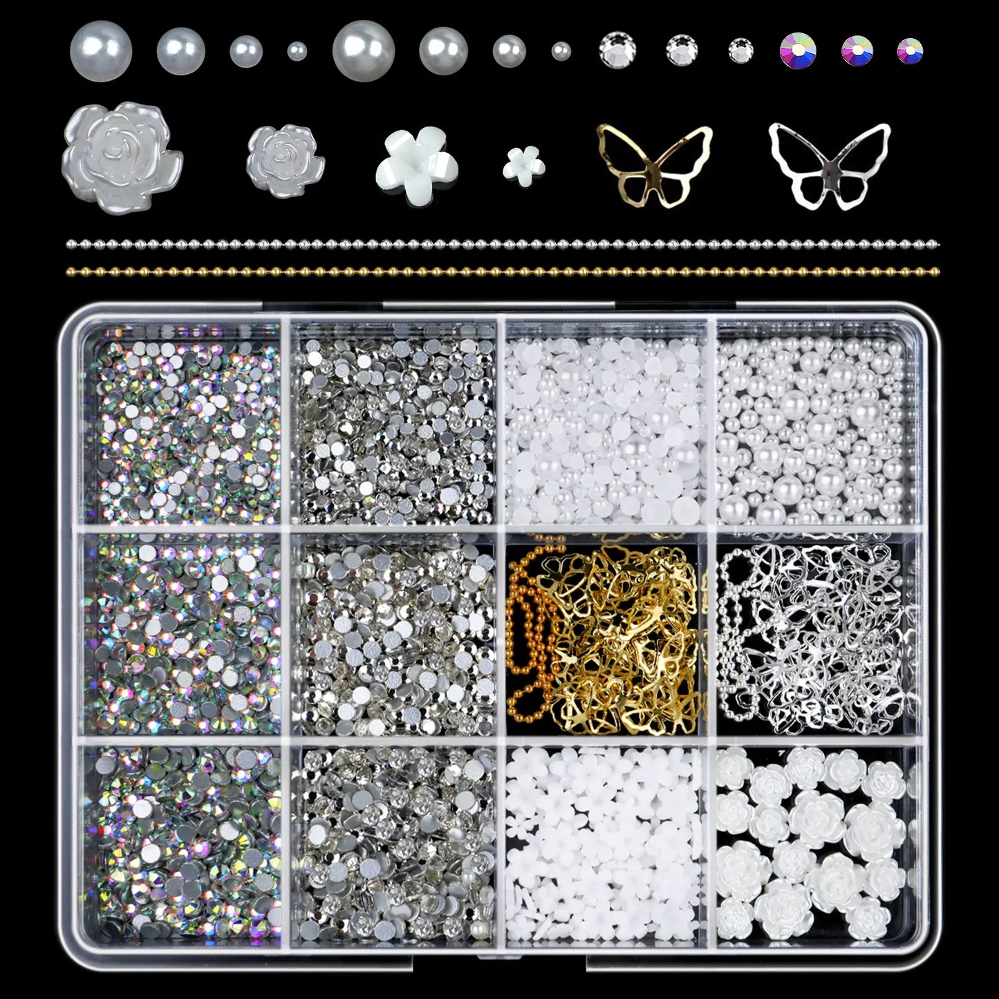 12/15Grids Acrylic Flower Nail Charms Mix Colors Set 3D Flower Nail Art Rhinestones Mixed Blossom Spring Gems DIY Nail Supplies